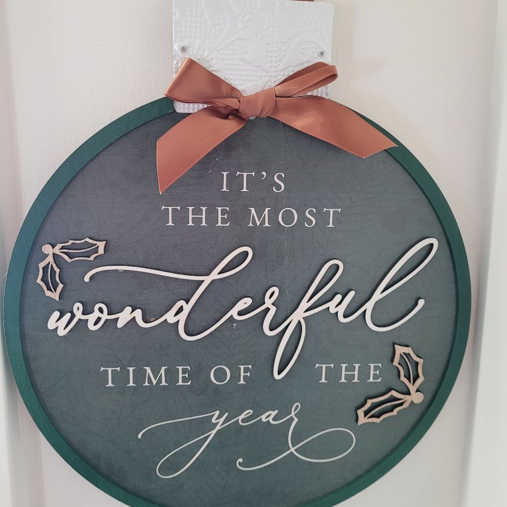 Green Christmas Ornament Shaped Wall Sign with Ribbon Hanger